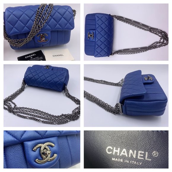 Authentic CHANEL CC Calfskin Blue Mini Flap Shoulder Bag/Ruthenium Hardware - Picture 6 of 11